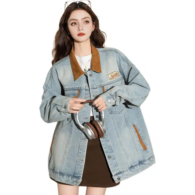 法文箱子 撞色翻领单排扣长袖牛仔外套 女款 蓝色