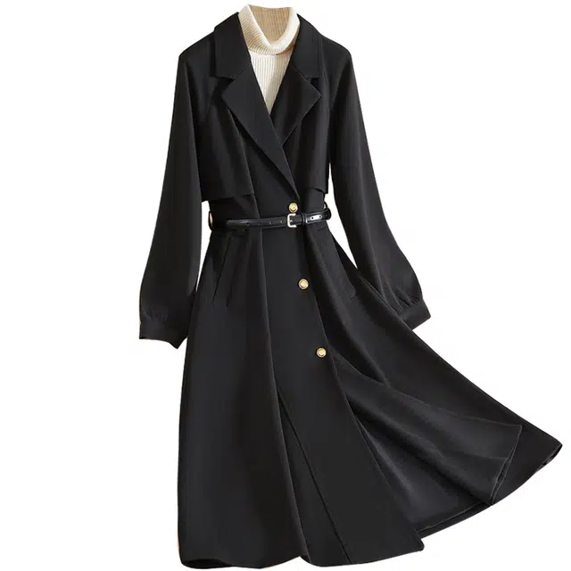 她池 简约气质收腰翻领大衣 女款 黑色