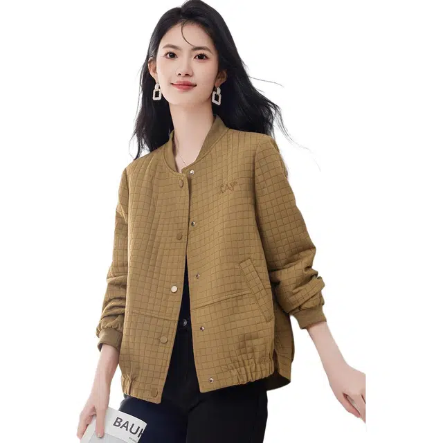 似水年华 韩版显瘦棒球服绒感外套 修身 女款 咖色