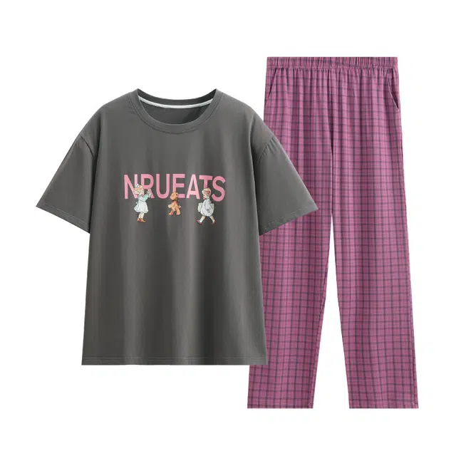 芬腾 短袖薄款圆领套头可外穿时尚格子家居服睡衣套装 女款