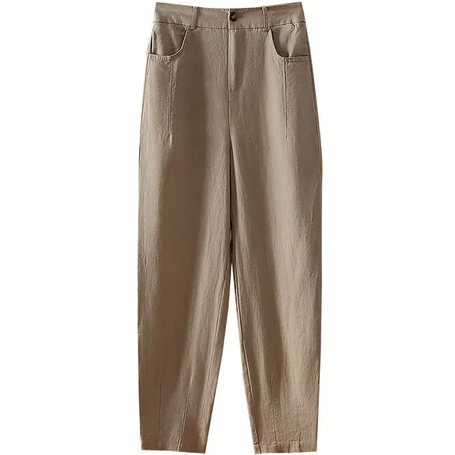 她池 纯色简约高腰九分休闲裤 女款 浅咖色