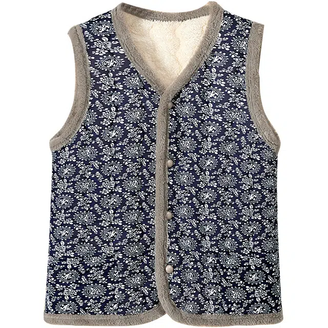 她池 复古民族风印花单排扣宽松圆领无袖马甲 女款 藏青色