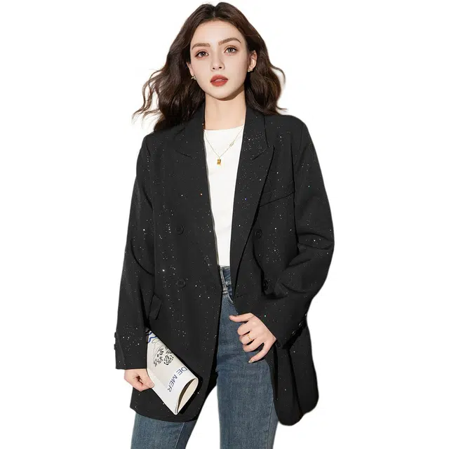 法文箱子 亮片双排扣长袖西装 女款 黑色