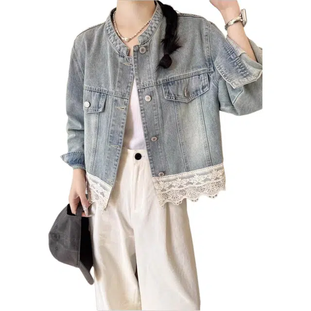 沐晓欣 蕾丝拼接简约百搭长袖牛仔外套 女款 蓝色