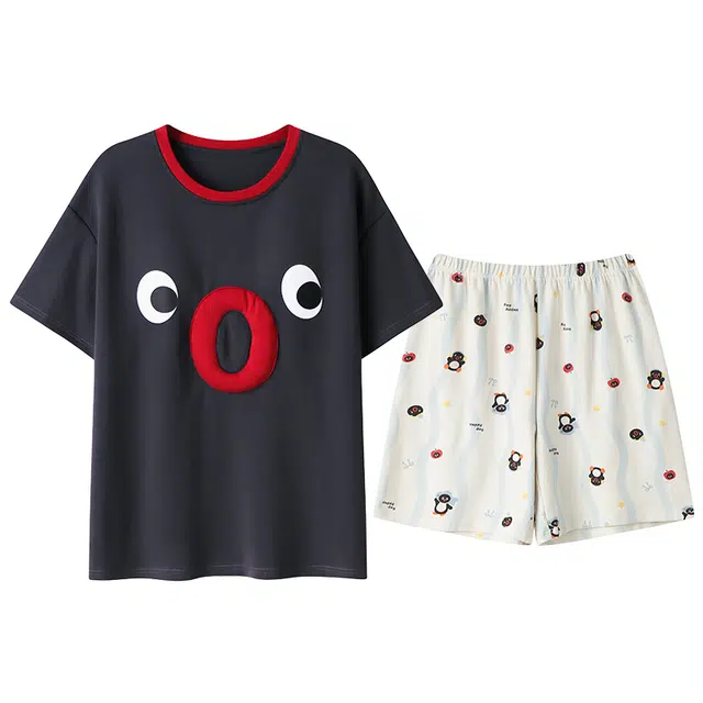 顶瓜瓜 胸垫系列 带胸垫纯棉可爱卡通企鹅短袖三分裤夏季睡衣套装 女款