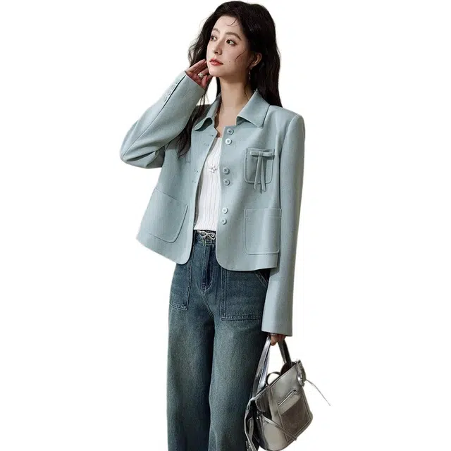 谜秀 设计感百搭舒适简约宽松通勤日常小众休闲西装 女款 海盐蓝