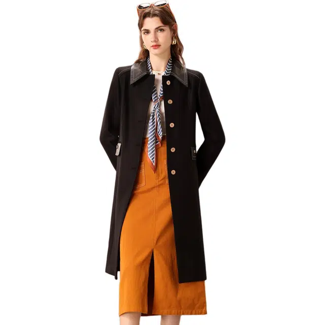 粉红玛琍 翻领单排扣中长款风衣 女款 黑色