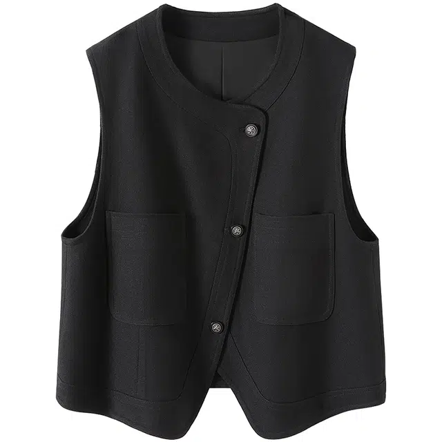 她池 设计感不规则下摆圆领宽松休闲叠穿马甲 女款 黑色