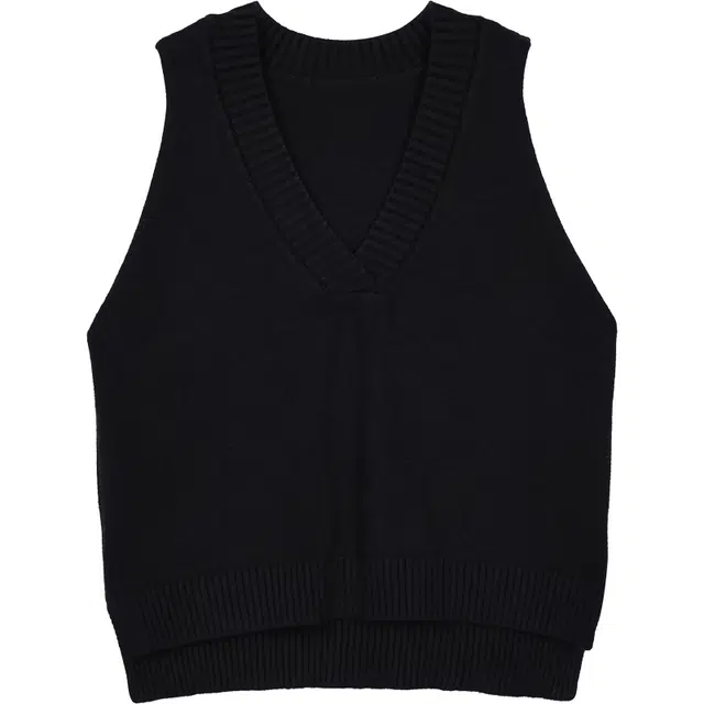 她池 休闲学院风纯色圆领短款马甲 女款 黑色