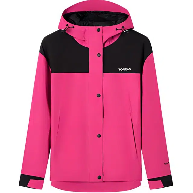 探路者  字母单层拼色拉链连帽  防水防风冲锋衣 女款 树莓粉/黑色