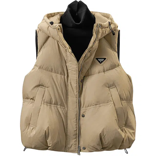 她池 纯色宽松连帽拉链舒适羽绒无袖马甲 女款 深卡其