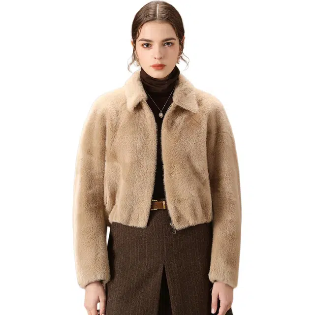 粉红玛琍 通勤纯色翻领休闲长袖绒感外套 女款 驼色