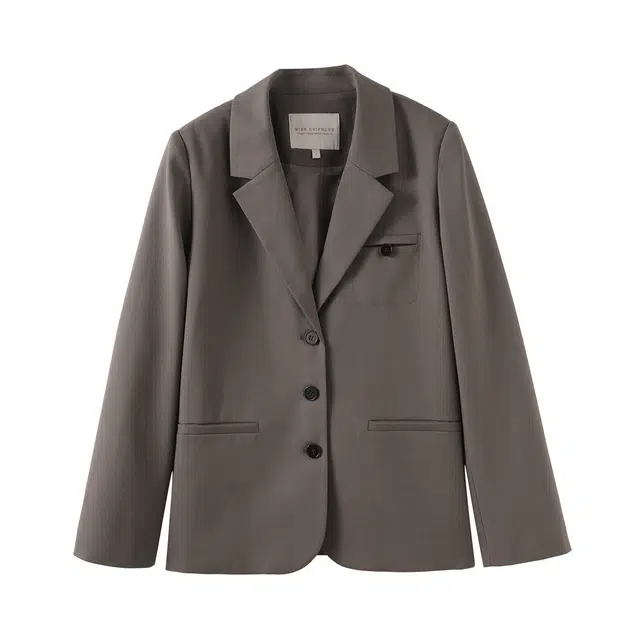 花栗鼠小姐 早春序章 时髦优雅斜纹双层麻感春夏季通勤百搭西装 女款 灰咖色