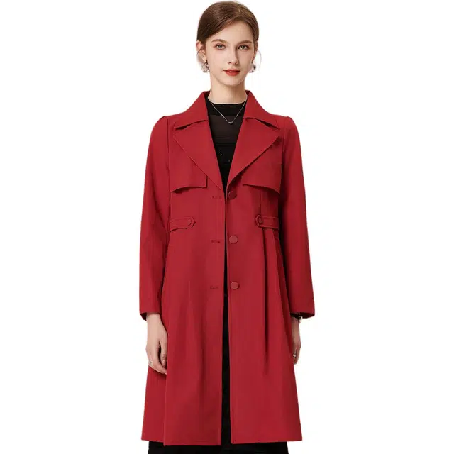 粉红玛琍 纯色西装领中长款长袖风衣 女款 红色