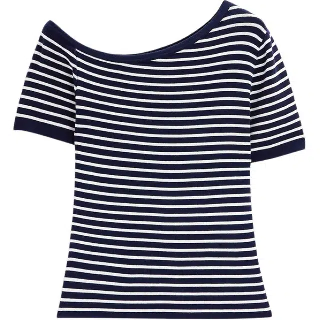 爱依服 韩版成熟条纹短袖针织衫 女款