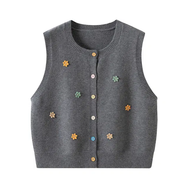 曲韩 圆领花朵针织开衫坎肩设计感减龄叠穿长袖春秋外套马甲 女款