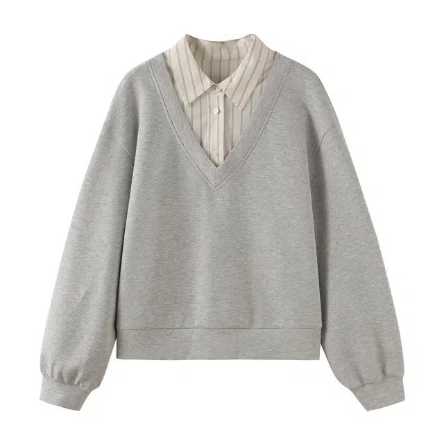 花栗鼠小姐 抹茶夹心派 假两件设计感条纹百搭拼接衬衫领卫衣 女款