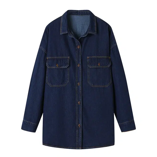 曲韩 曲韩 蓝色牛仔女秋冬复古休闲宽松外套 女款 丹宁蓝