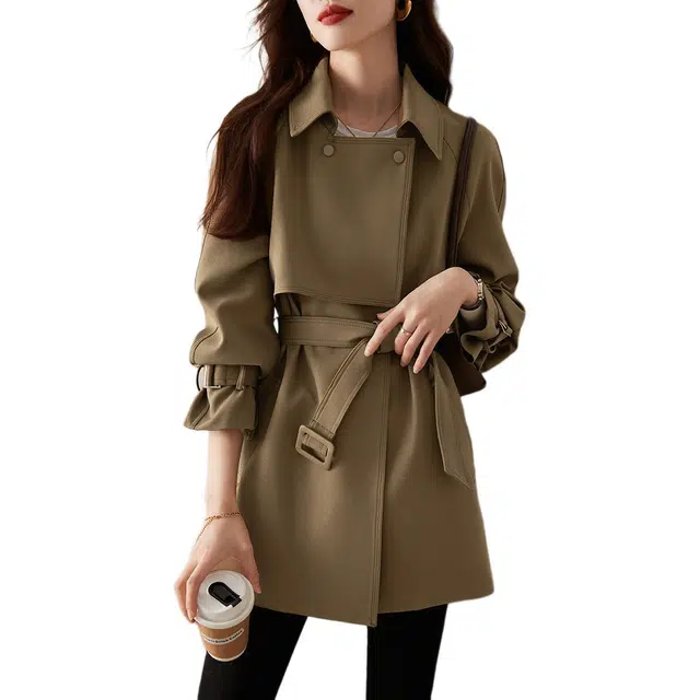 沫晗依美 简约纯色收腰百搭长袖风衣 女款 咖色