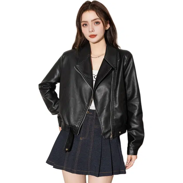 法文箱子 简约翻领拉链长袖皮衣 女款