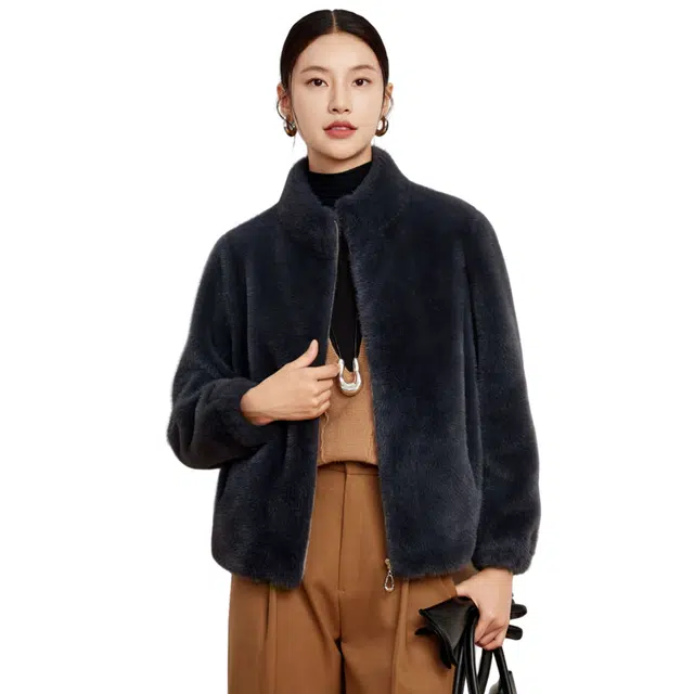 富铤 纯色时尚轻奢气质保暖防风立领拉链皮草 女款 紫色