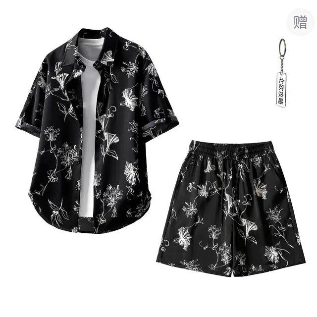 北欧攻略 美式高级感冰丝垂感顺滑飘逸松弛感轻薄透气舒适短袖外套宽松大码五分裤懒人搭配一套痞帅夏装花衬衫套装 男女同款