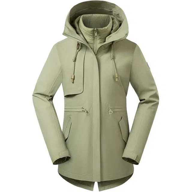 探路者  运动休闲简约纯色连帽  防水冲锋衣 女款 松霜绿