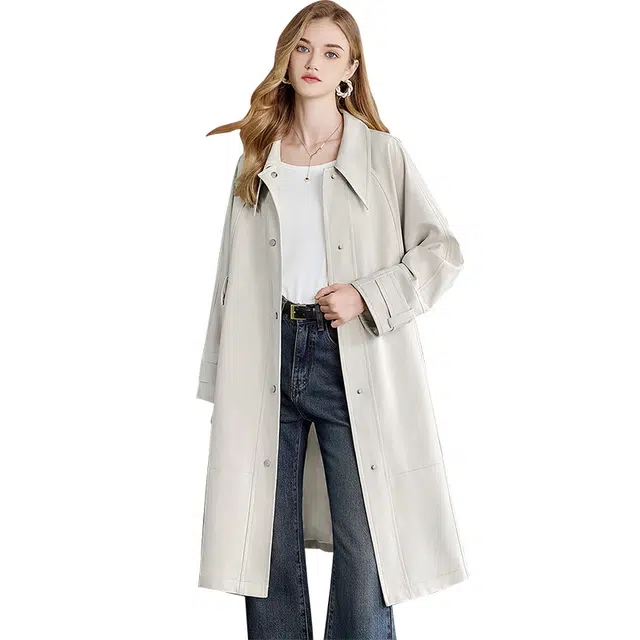 她池 通勤宽松插肩袖简约单排扣长袖风衣 女款 米色