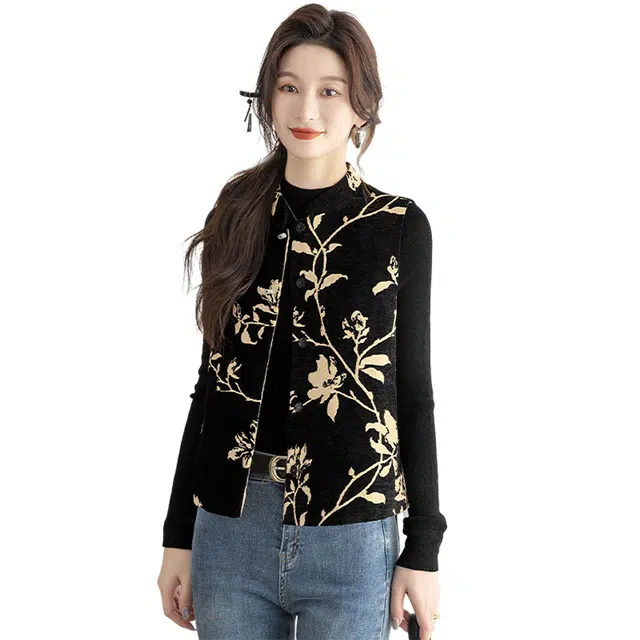 丝柏舍 立领单排扣复古撞色新中式气质短款无袖马甲 女款 黑金