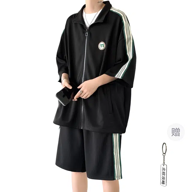 北欧攻略 美式复古学院风条纹拼接撞色少年感短袖开衫外套宽松大码轻薄舒适柔软透气亲肤五分裤健身跑步休闲运动套装 男女同款