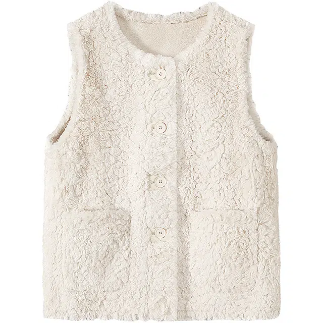 她池 保暖双贴袋圆领单排扣叠穿通勤马甲 女款 米白色