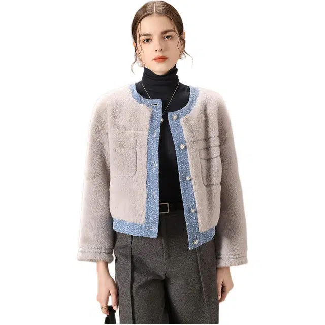 粉红玛琍 单排扣通勤开衫长袖绒感外套 女款 灰色