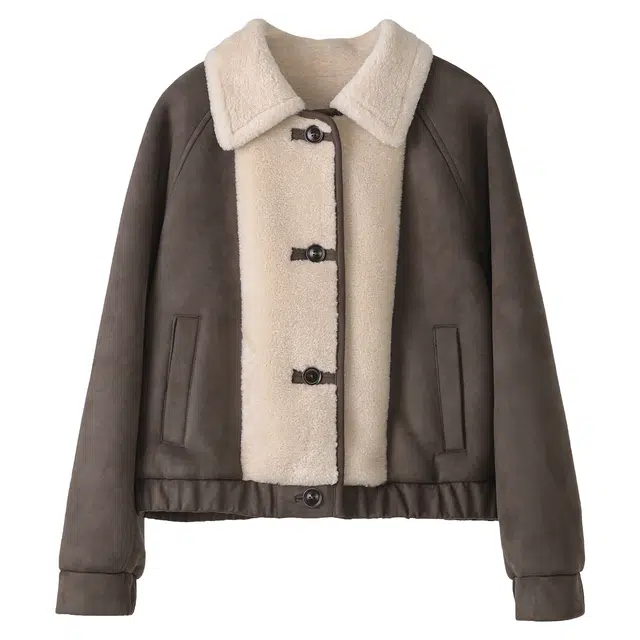 法儿家 厚乳羔羔 秋冬麂皮拼接羊羔毛短款外套 女款 咖色