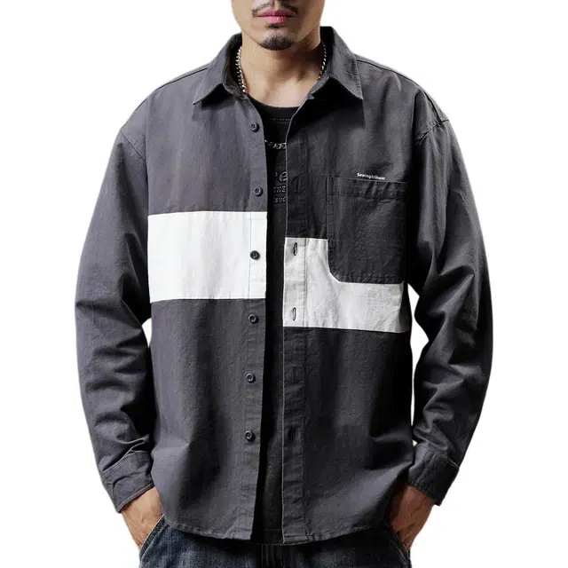 贵色 百搭纯棉设计感小众休闲高端美式文艺痞帅拼接撞色外套长袖衬衫 男女同款