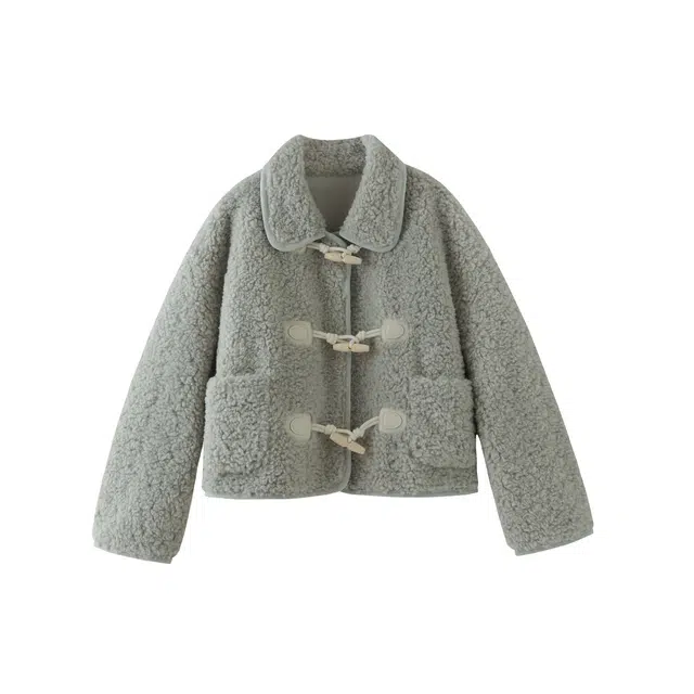 花栗鼠小姐 圈圈塔塔芙 韩系百搭减龄翻领设计感牛角扣宽松直筒加厚毛毛绒感外套 女款