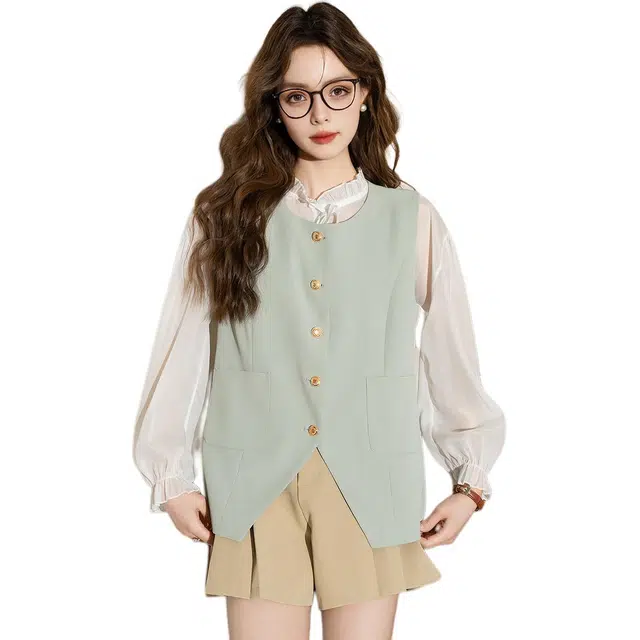 法文箱子 纯色圆领单排扣马甲 女款