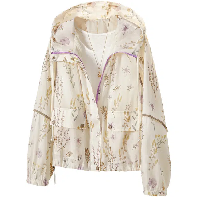 她池 宽松田园拉链短款休闲连帽长袖截短外套 女款 米色