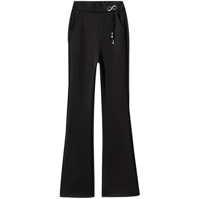 丝柏舍 加绒简约纯色松紧腰厚款通勤修身长款微喇休闲裤 女款 黑色