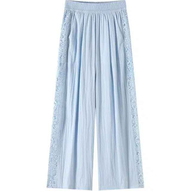沐晓欣 蕾丝夏季超薄透气蕾丝拼接时尚窄版宽松阔腿裤长裤女休闲裤 女款