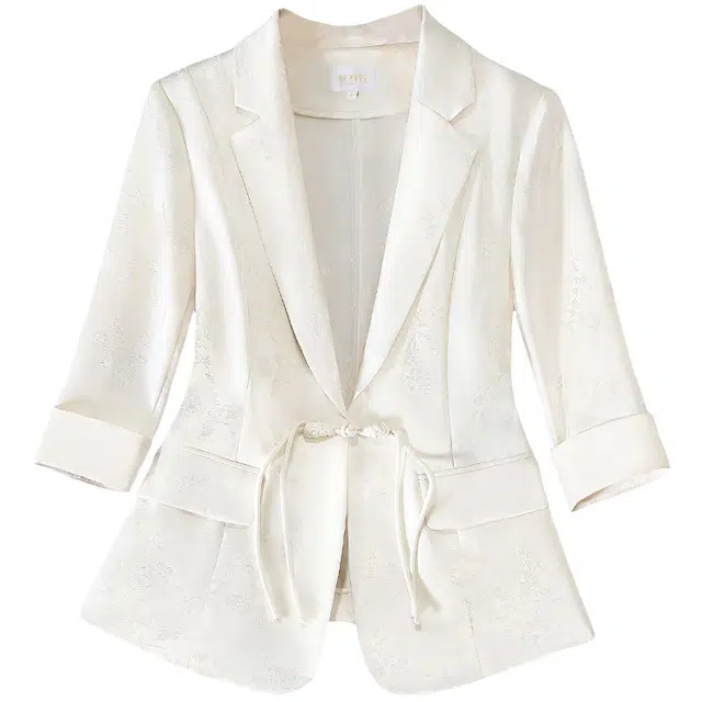 丝柏舍 纯色一粒扣修身气质西装领通勤复古五分袖截短外套 女款 杏色