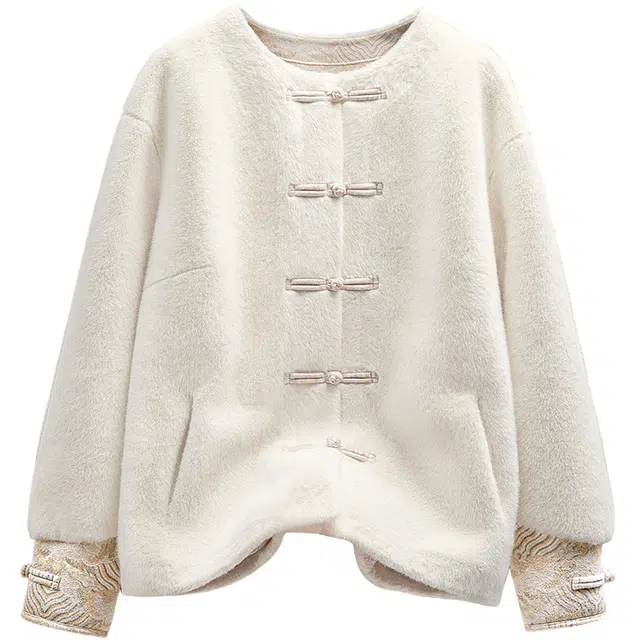 丝柏舍 单排扣圆领宽松新中式复古拼接长袖绒感外套 女款 米白色