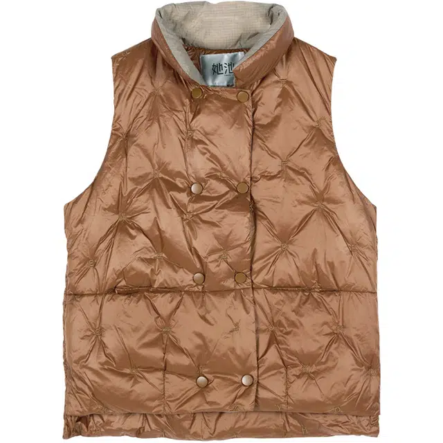 她池 羽绒双排扣宽松保暖无袖马甲 女款 棕色