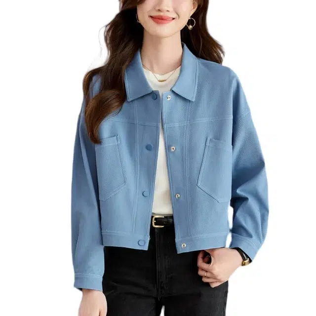 曲韩 翻领口袋牛仔上衣时尚宽松显瘦长袖春秋截短外套 女款