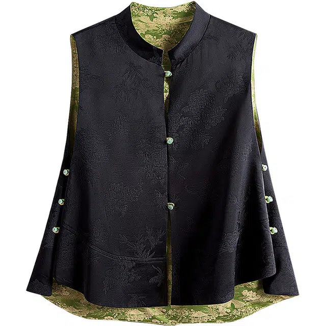 丝柏舍 双面穿国风立领单排扣前短后长宽松气质复古马甲 女款 黑拼绿色