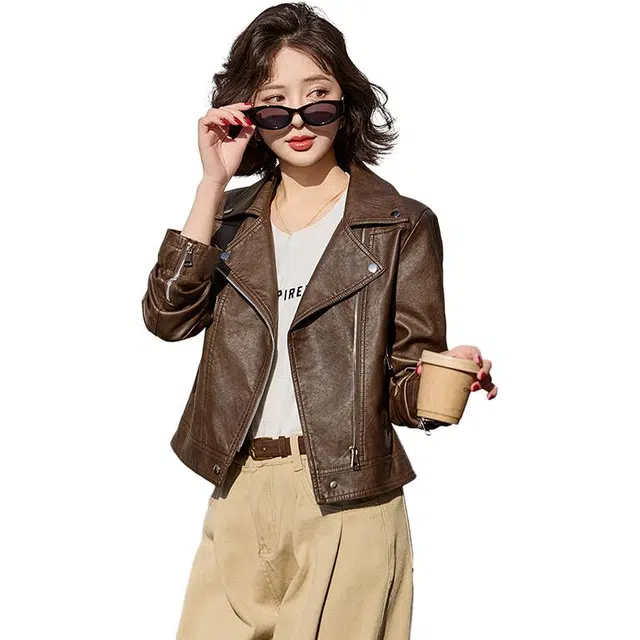 哒头下雨不愁 气质修身纯色拉链短款百搭机车服皮衣 女款