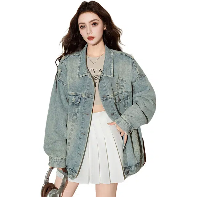 法文箱子 简约翻领单排扣长袖牛仔外套 女款 蓝色