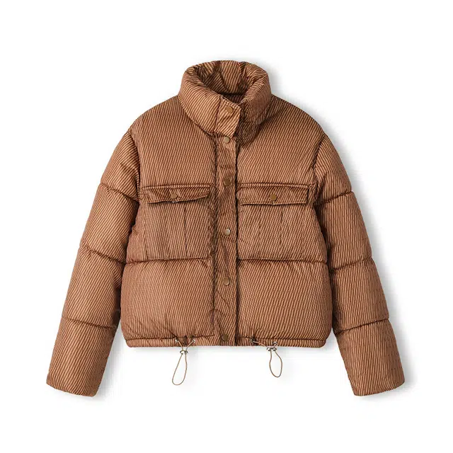 玉儿恋 加厚短款纯色立领宽松落肩单排扣长袖棉服 女款 卡其色