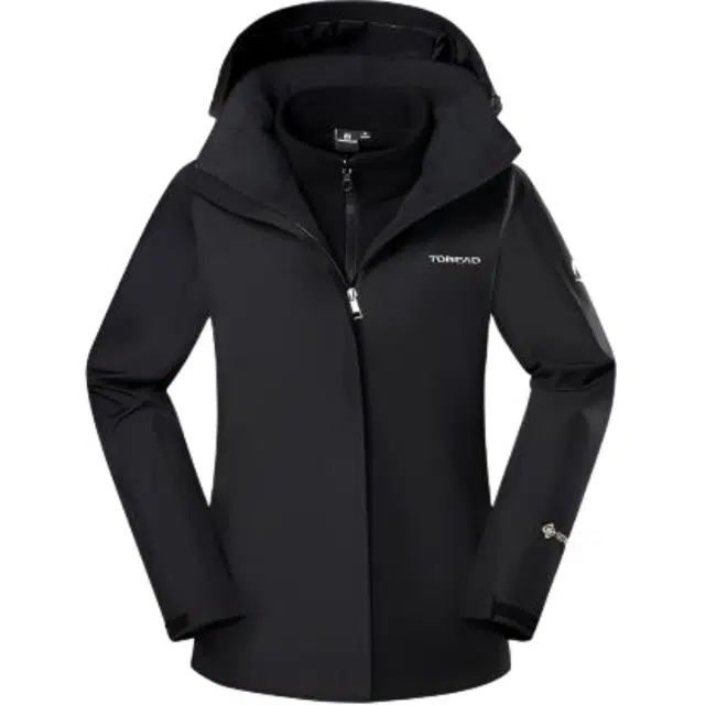 探路者  纯色拉链连帽百搭三合一  透气防水保暖冲锋衣 女款 黑色