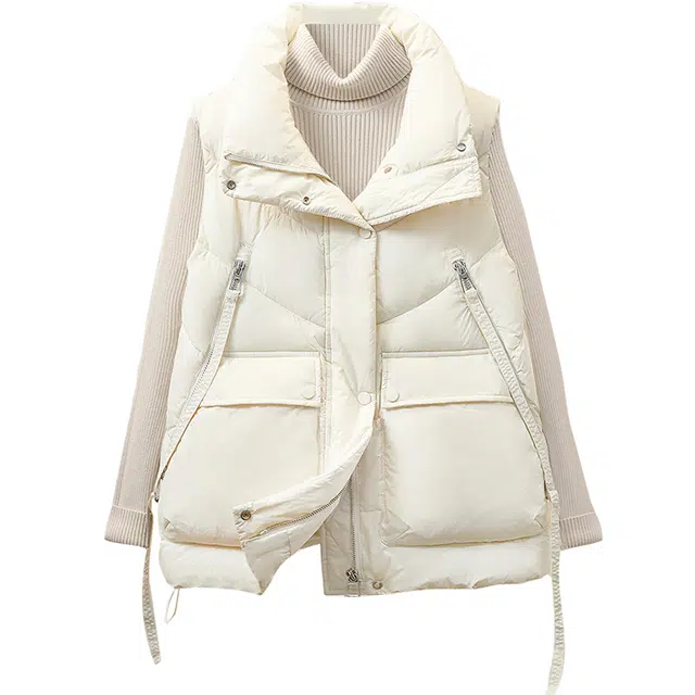 她池 立领多口袋宽松保暖马甲 女款 米白色