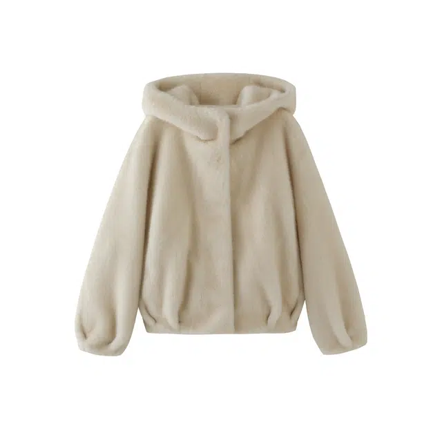 花栗鼠小姐 松露俏皮高级感慵懒戴帽落肩灯笼袖下摆抽皱毛绒绒绒感外套 女款